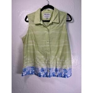 Columbia Sleeveless Button Down Shirt Tropical Vacation Resort Floral Green Blue